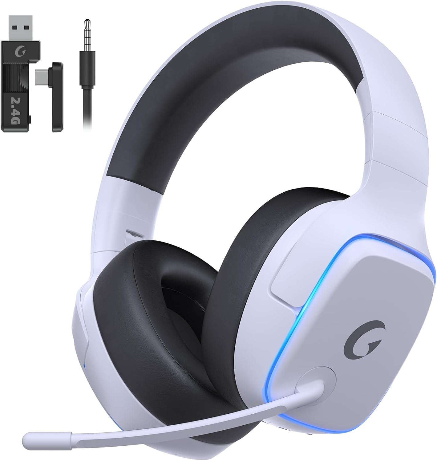 2.4Ghz Wireless Gaming Headsets for PS5, PS4, PC, Switch - Bluetooth 5.3 Gaming Headphones with Noise Canceling Mic, 7.1 Surround Sound, 70H Battery, Gaming Lighting - White